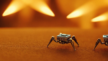 Miniature robot on brown background, closeup. Future technology conceptの素材