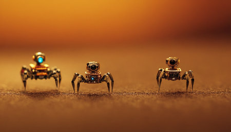 3d rendering of a group of little robots on a brown backgroundの素材