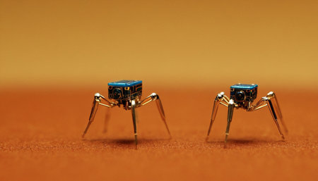 Macro shot of two tiny metal jumping spiders on orange background.の素材