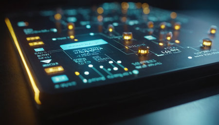 Close-up of electronic circuit board on black background. Technology conceptの素材