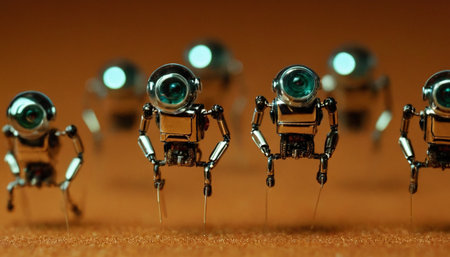 Close-up of a group of small artificial intelligence robots on a brown backgroundの素材