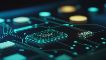 Close-up of electronic circuit board with processor. Technology background.の素材