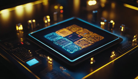Close up of a microchip on a table. Technology concept.の素材