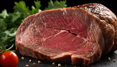 Sliced roast beef with herbs and spices on a black backgroundの素材