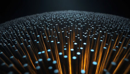 3d illustration of fiber optic light strands. High tech background.の素材