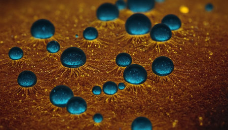 Macro shot of water drops on the surface of an orange backgroundの素材