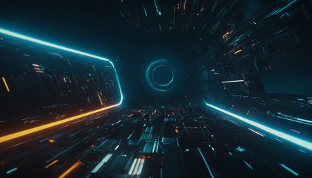Futuristic scifi tunnel corridor with glowing lights 3d renderingの素材