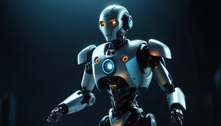 3d rendering robot on dark background with light and lens flare.の素材