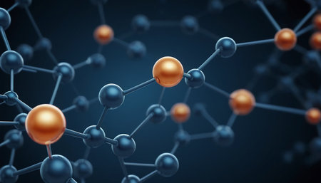 Molecular structure background with orange spheres. 3d illustration.の素材