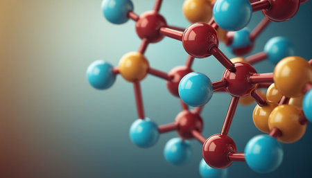 Molecular structure with red spheres on blue background. 3D renderingの素材