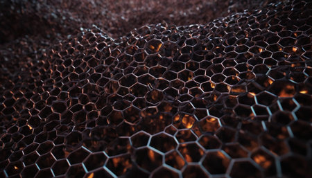 Abstract 3d rendering of chaotic honeycomb. Futuristic background with hexagons.の素材