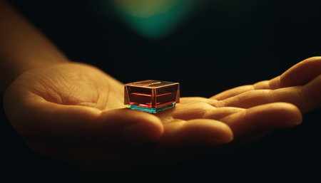 Woman's hand holding a small metal cube in a dark room.の素材