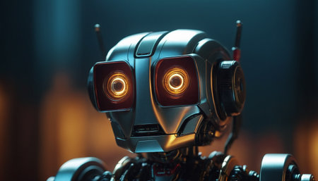 Close-up of robot head with glowing light. 3d renderingの素材