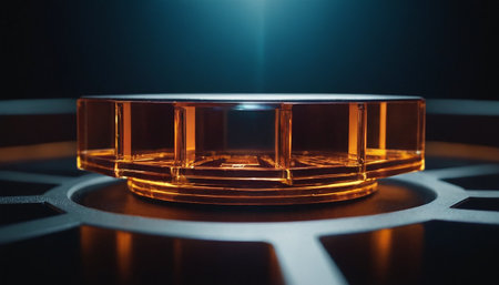 3d rendering of a round podium on a dark background illuminated by a spotlightの素材