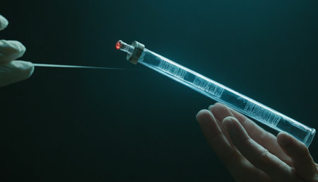 Close-up of a hand holding a syringe on a dark backgroundの素材