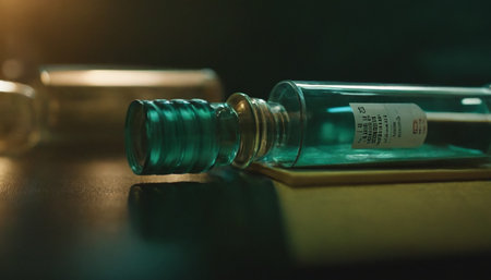 Close up shot of a medical ampoule on a table.の素材
