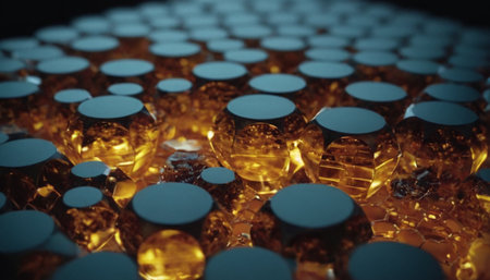 Close-up of a lot of small amber bottles on a black backgroundの素材