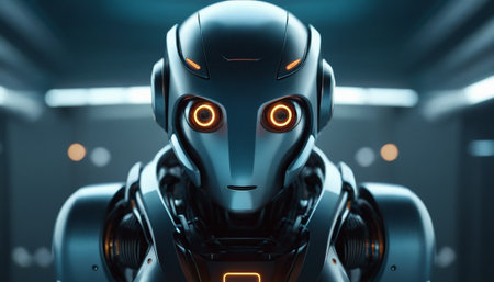 3d rendering humanoid robot or cyborg with glowing eyes in dark roomの素材