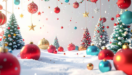 Christmas background with baubles and fir trees in snow 3D renderingの素材