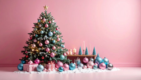 Christmas tree with presents and ornaments in pink room 3D renderingの素材