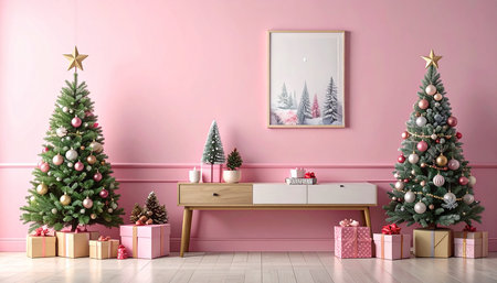 Christmas living room interior with Christmas tree and presents 3d render illustrationの素材