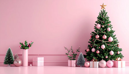 Christmas tree with presents in pink room. 3d render illustration.の素材
