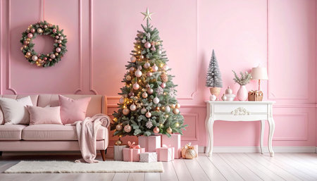 Christmas living room interior with Christmas tree and decorations. 3d renderの素材