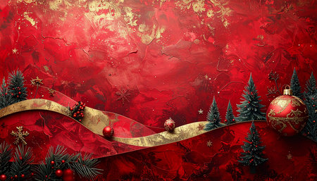 Christmas background with red baubles, fir tree branches and ribbonの素材