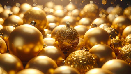 Golden christmas balls on golden bokeh background. 3D renderingの素材
