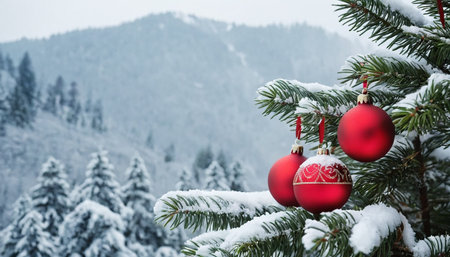 Red Christmas balls on the snow-covered fir tree in the mountainsの素材