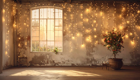 Interior of a room with a large window and a flower in a potの素材