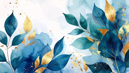 Watercolor background with blue and gold leaves. Vector Illustration.の素材