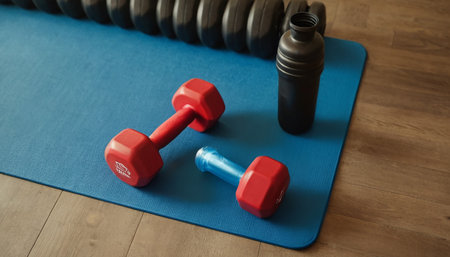 Dumbbells and bottle of water on yoga mat, fitness conceptの素材