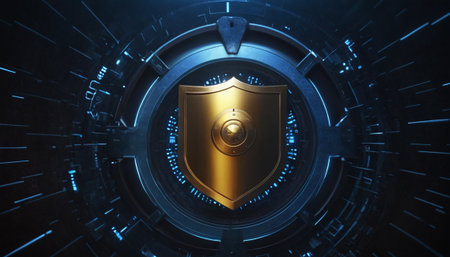 3d rendering of golden shield on blue background. Security and protection conceptの素材