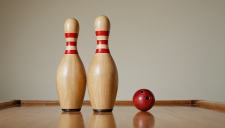 Bowling ball and skittles on a wooden table with copy spaceの素材