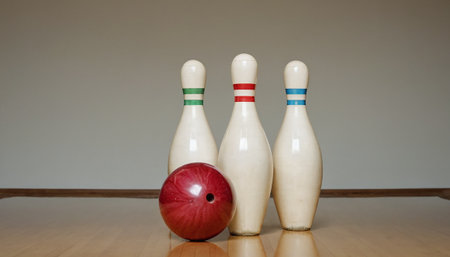 Bowling balls and skittles on a wooden floor with a shallow depth of fieldの素材