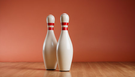 Two bowling pins with red and white stripes on a wooden floor.の素材