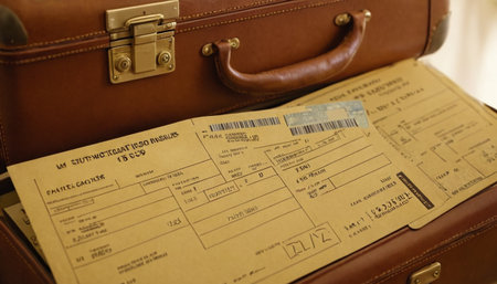 Vintage leather suitcase with boarding pass ticket and passport. Travel conceptの素材