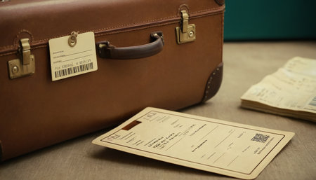 Vintage suitcase and boarding pass on wooden background. Travel concept.の素材