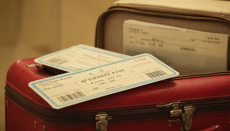 Vintage suitcase and boarding pass. Travel concept. Vintage style.の素材