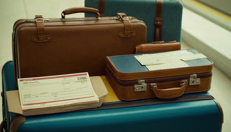 vintage suitcases and boarding pass ticket in train station, travel conceptの素材