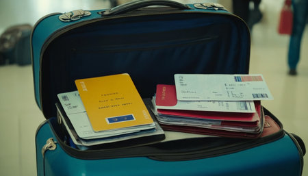travel luggage with boarding pass ticket and passport in airport, travel conceptの素材