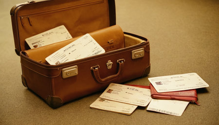 Vintage brown leather suitcase with airline boarding pass tickets and passport.の素材