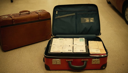 Vintage suitcase with boarding pass ticket and luggage in the airport.の素材