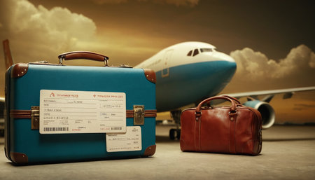 Vintage suitcases with boarding pass and airplane in the background.の素材