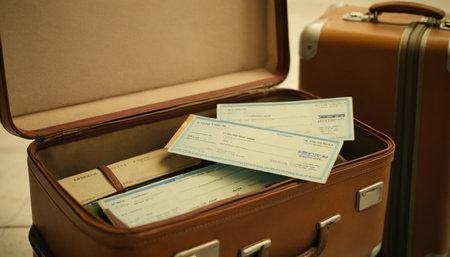 Vintage suitcase with boarding pass and ticket, travel and tourism conceptの素材