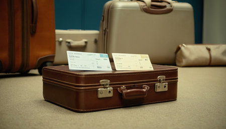 Vintage suitcase with boarding pass and ticket at airport. Travel conceptの素材