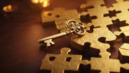 Key to success. Golden puzzle pieces on a dark background with copy spaceの素材