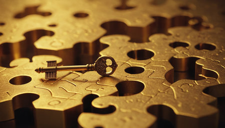 Key to success - closeup of golden keyhole on puzzle piecesの素材