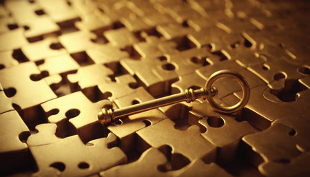 Key to success - closeup shot of golden jigsaw puzzle piecesの素材
